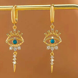 Gold 14K Evil Eye Hoop Zircon Drop Dangling Minimalist Earrings
